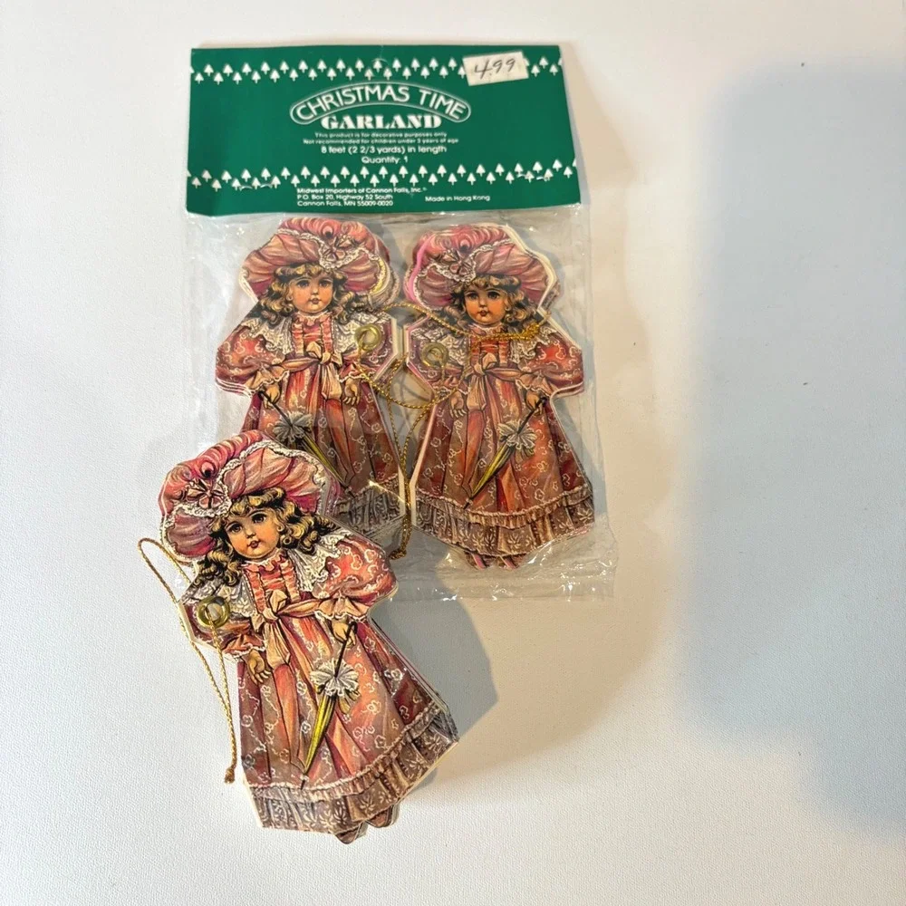 Vintage Midwest Importers Victorian Paper Doll Christmas Garland 8ft Pink Girl